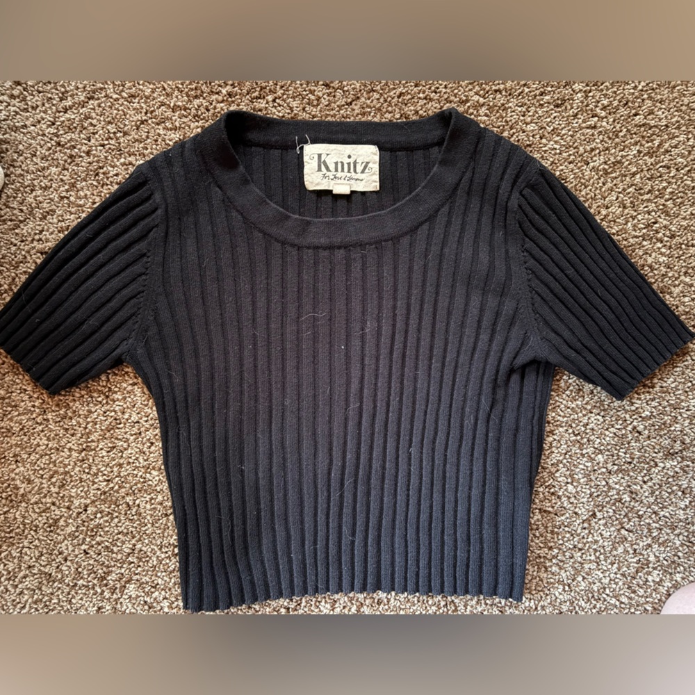 For Love & Lemons Knits Cropped Ribbed Crew Neck Shirt, Black, Small